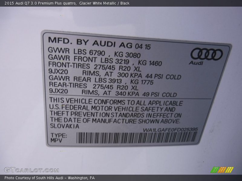 Glacier White Metallic / Black 2015 Audi Q7 3.0 Premium Plus quattro