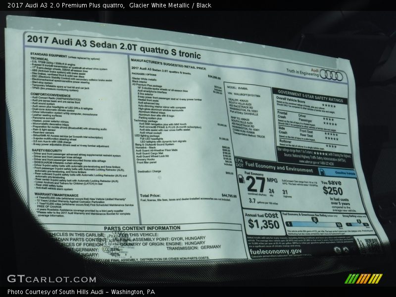  2017 A3 2.0 Premium Plus quattro Window Sticker