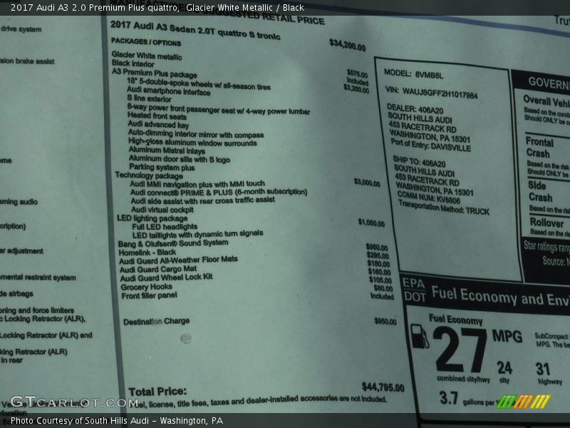 Glacier White Metallic / Black 2017 Audi A3 2.0 Premium Plus quattro