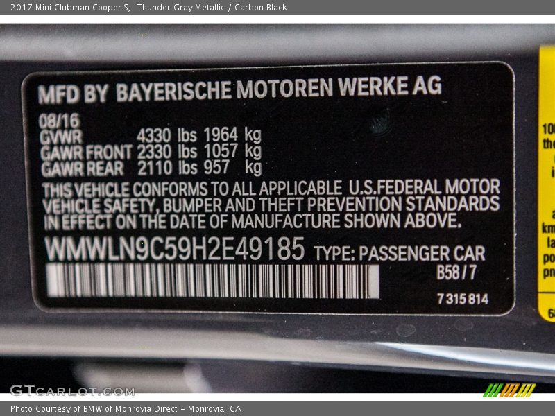 2017 Clubman Cooper S Thunder Gray Metallic Color Code B58