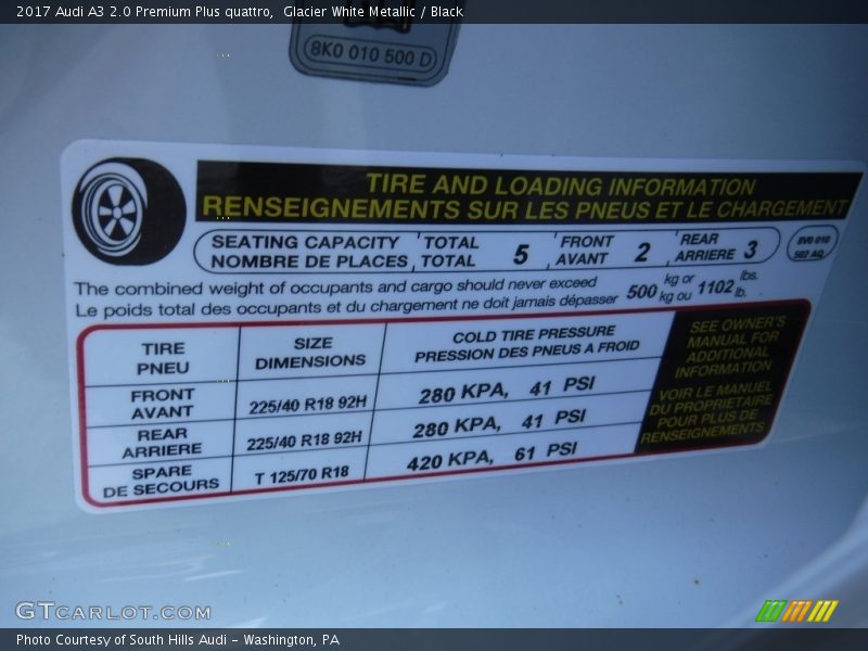 Glacier White Metallic / Black 2017 Audi A3 2.0 Premium Plus quattro