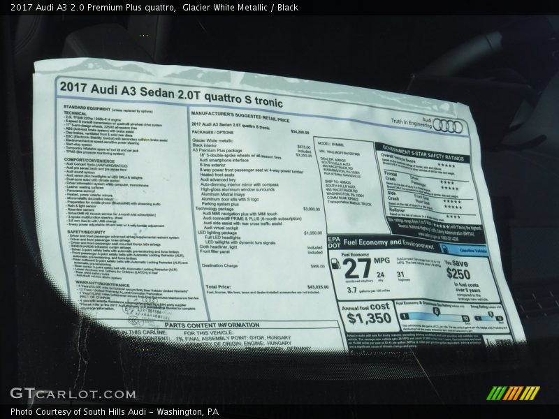 Glacier White Metallic / Black 2017 Audi A3 2.0 Premium Plus quattro