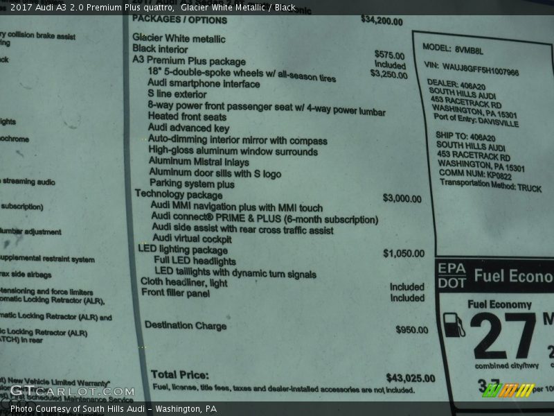 Glacier White Metallic / Black 2017 Audi A3 2.0 Premium Plus quattro