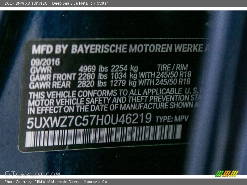 Deep Sea Blue Metallic / Oyster 2017 BMW X3 sDrive28i