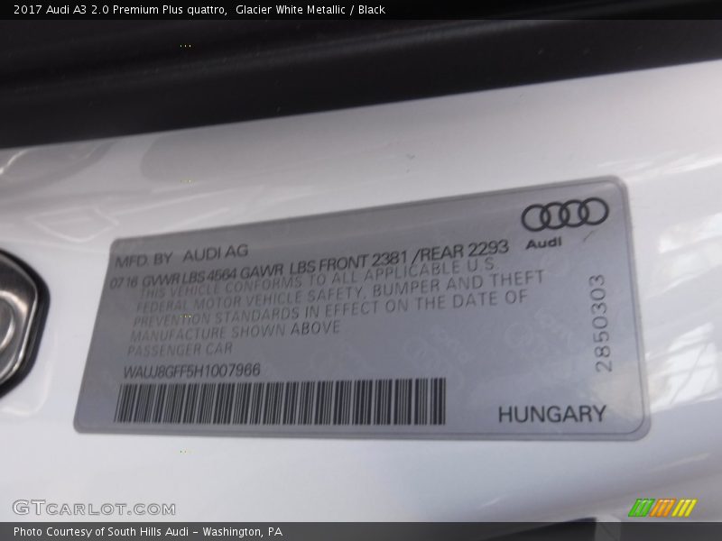 Glacier White Metallic / Black 2017 Audi A3 2.0 Premium Plus quattro