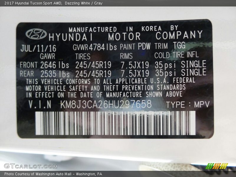Dazzling White / Gray 2017 Hyundai Tucson Sport AWD
