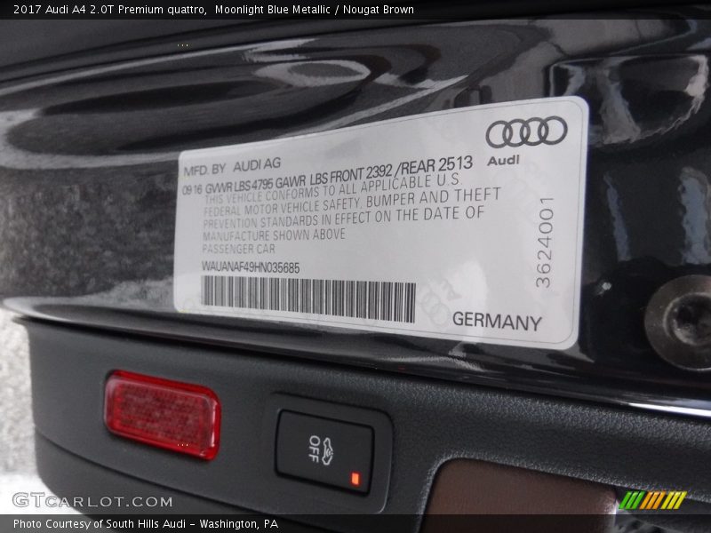 Moonlight Blue Metallic / Nougat Brown 2017 Audi A4 2.0T Premium quattro