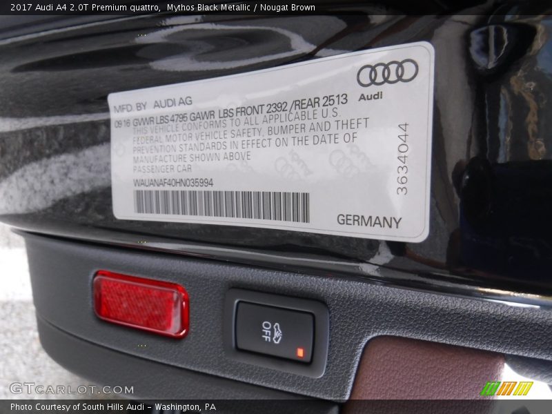 Mythos Black Metallic / Nougat Brown 2017 Audi A4 2.0T Premium quattro