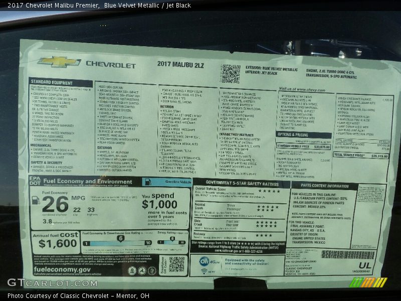 Blue Velvet Metallic / Jet Black 2017 Chevrolet Malibu Premier
