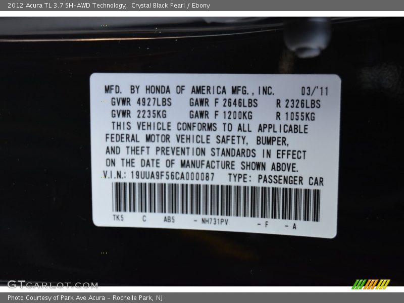 Crystal Black Pearl / Ebony 2012 Acura TL 3.7 SH-AWD Technology