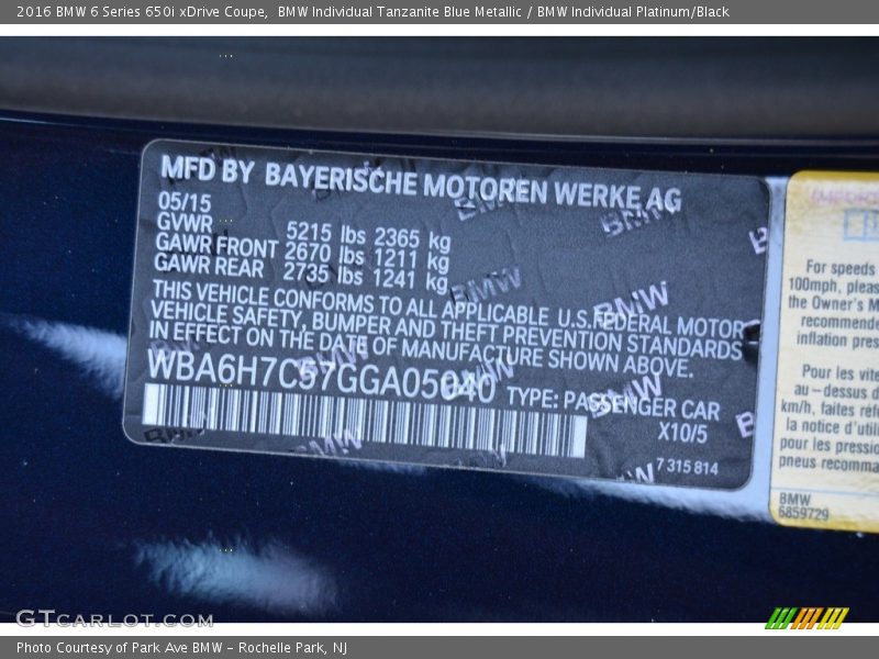 2016 6 Series 650i xDrive Coupe BMW Individual Tanzanite Blue Metallic Color Code X10
