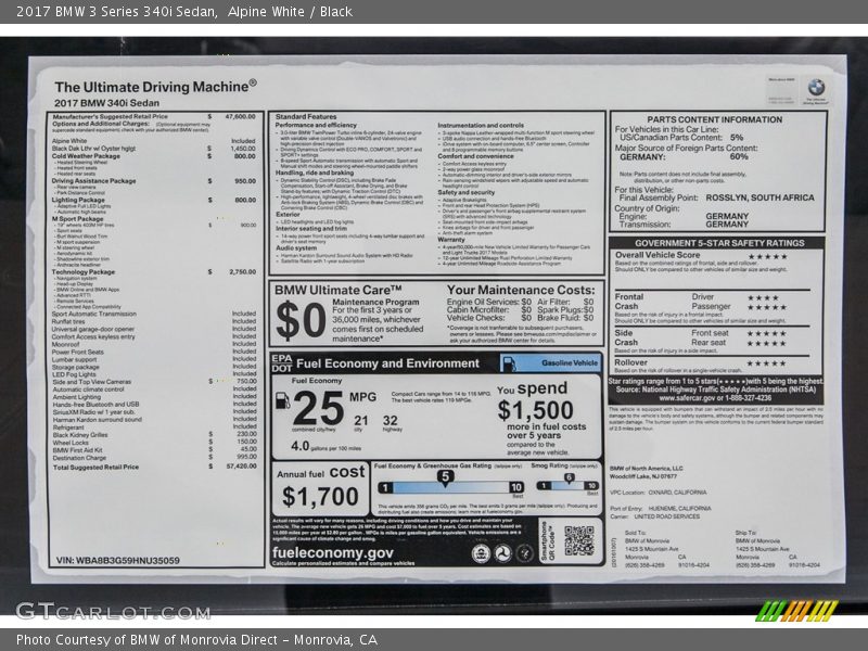  2017 3 Series 340i Sedan Window Sticker