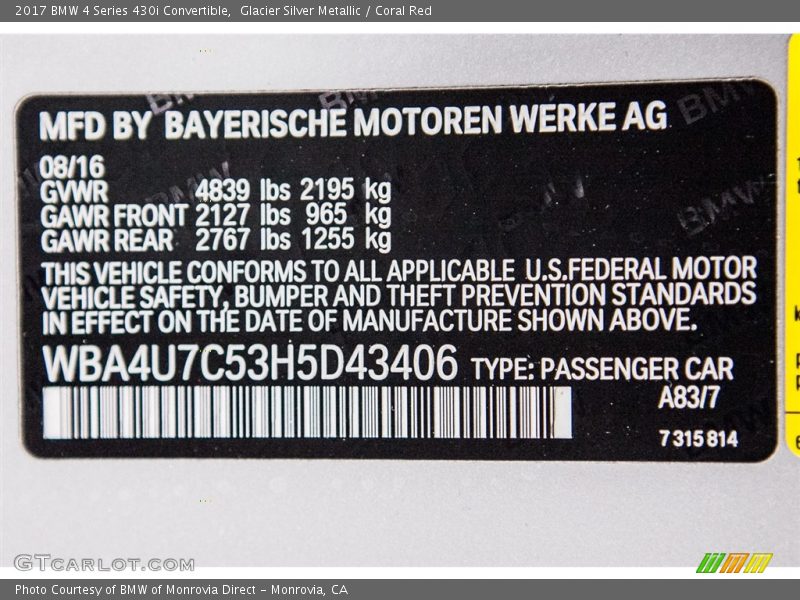 2017 4 Series 430i Convertible Glacier Silver Metallic Color Code A83