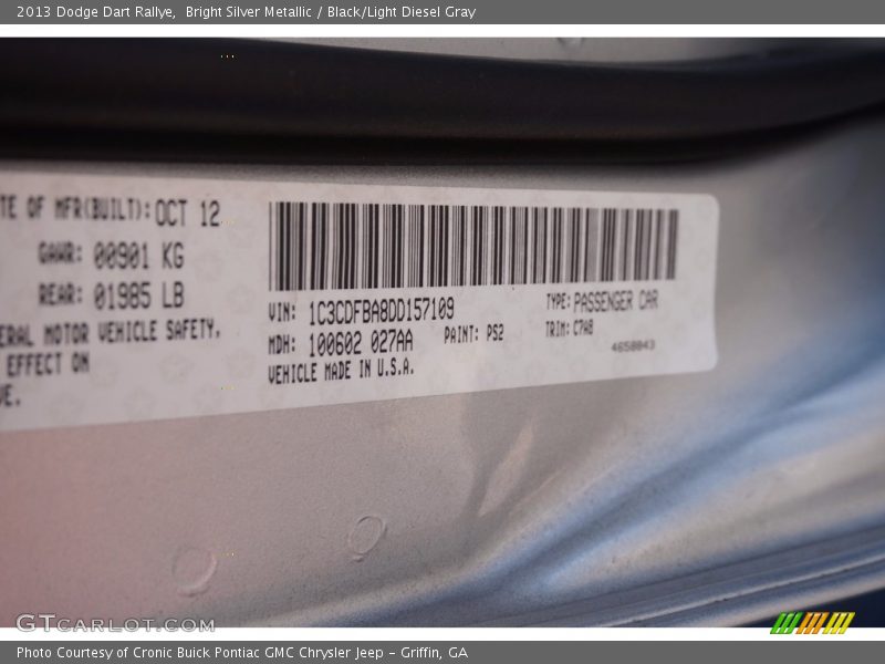 Bright Silver Metallic / Black/Light Diesel Gray 2013 Dodge Dart Rallye