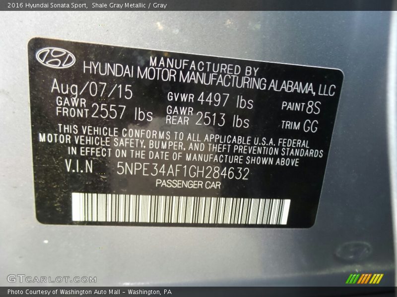 Shale Gray Metallic / Gray 2016 Hyundai Sonata Sport