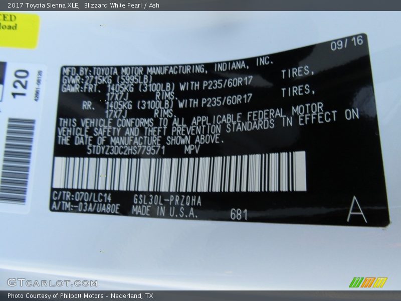 Blizzard White Pearl / Ash 2017 Toyota Sienna XLE