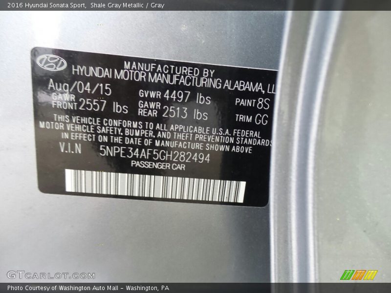 Shale Gray Metallic / Gray 2016 Hyundai Sonata Sport
