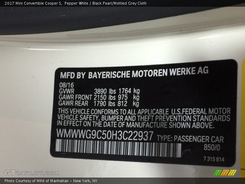 Pepper White / Black Pearl/Mottled Grey Cloth 2017 Mini Convertible Cooper S