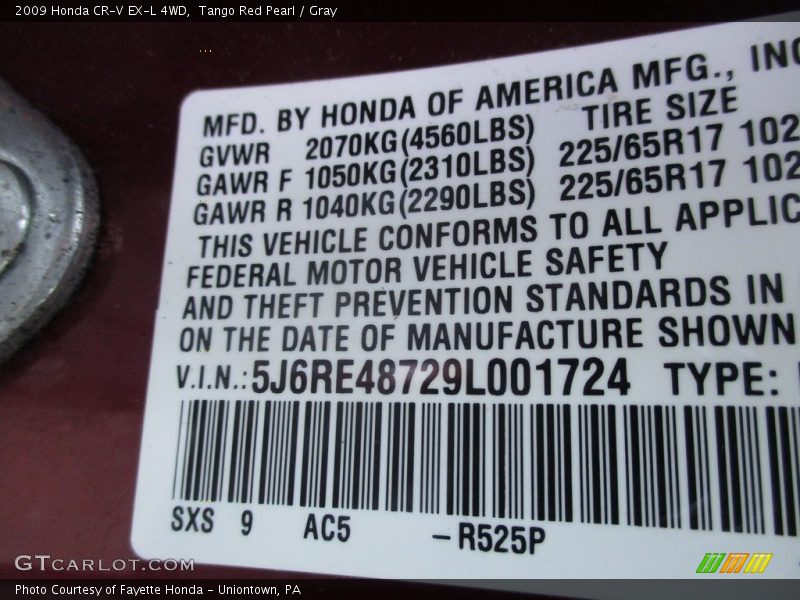 Tango Red Pearl / Gray 2009 Honda CR-V EX-L 4WD