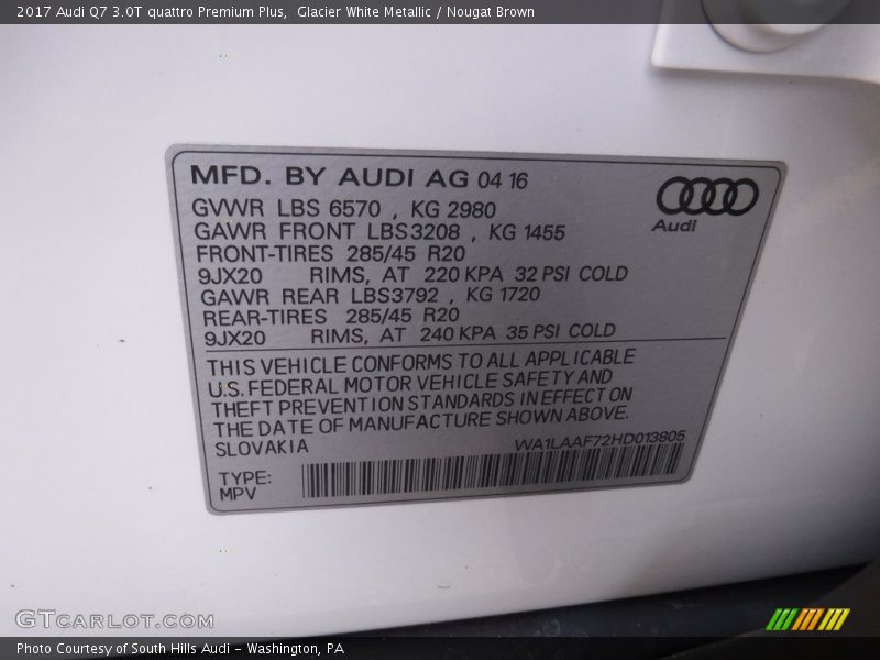 Glacier White Metallic / Nougat Brown 2017 Audi Q7 3.0T quattro Premium Plus