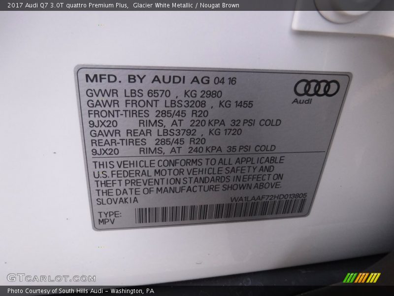 Glacier White Metallic / Nougat Brown 2017 Audi Q7 3.0T quattro Premium Plus