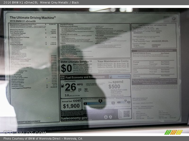 Mineral Grey Metallic / Black 2016 BMW X1 xDrive28i