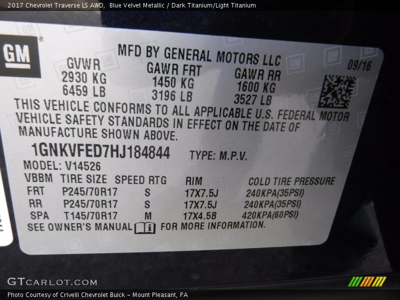 Blue Velvet Metallic / Dark Titanium/Light Titanium 2017 Chevrolet Traverse LS AWD