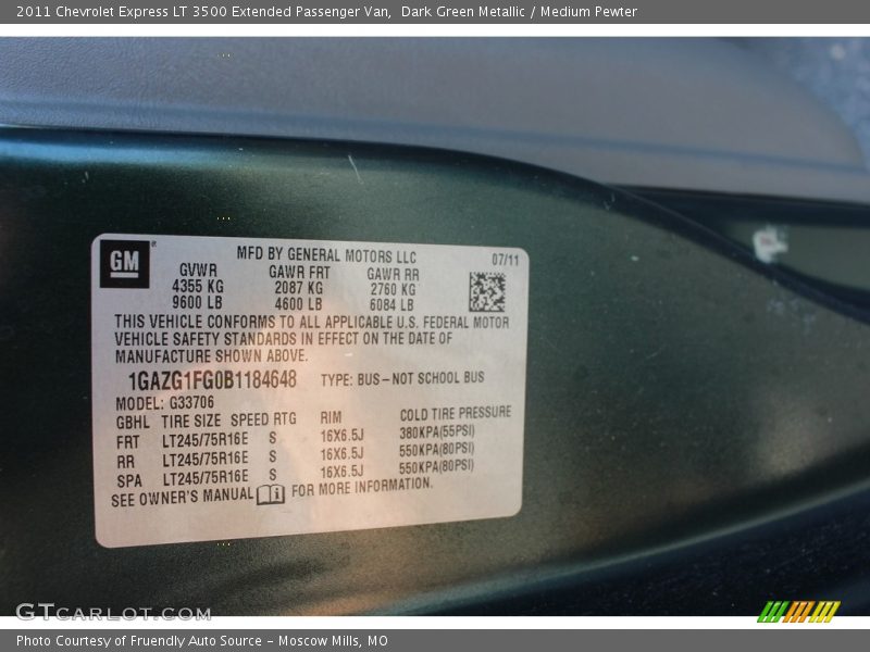 Dark Green Metallic / Medium Pewter 2011 Chevrolet Express LT 3500 Extended Passenger Van