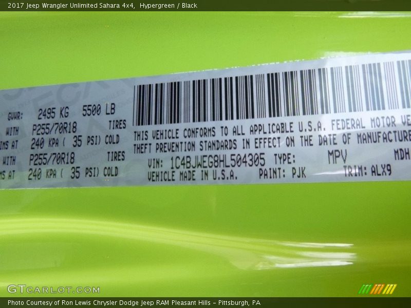 2017 Wrangler Unlimited Sahara 4x4 Hypergreen Color Code PJK