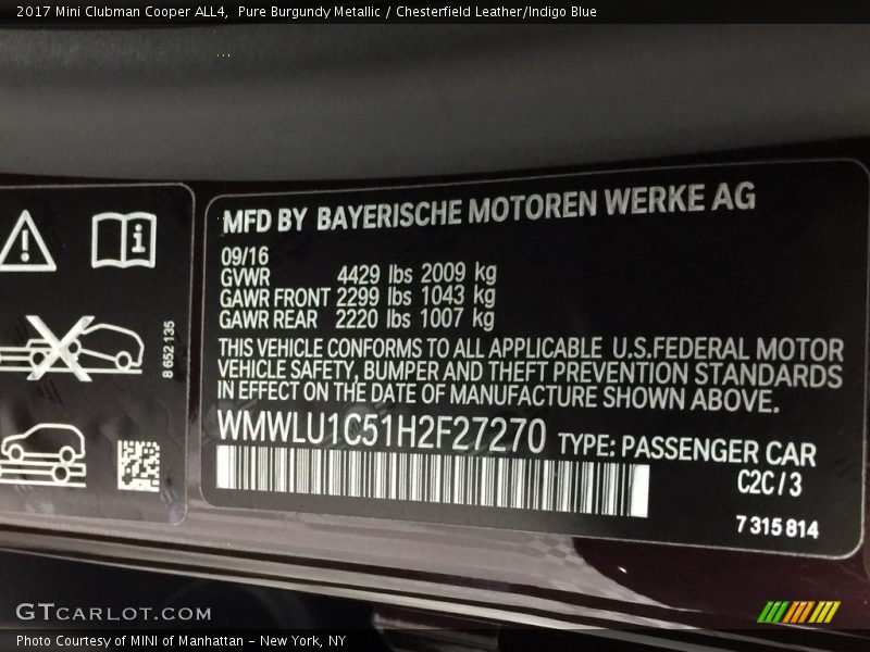2017 Clubman Cooper ALL4 Pure Burgundy Metallic Color Code C2C