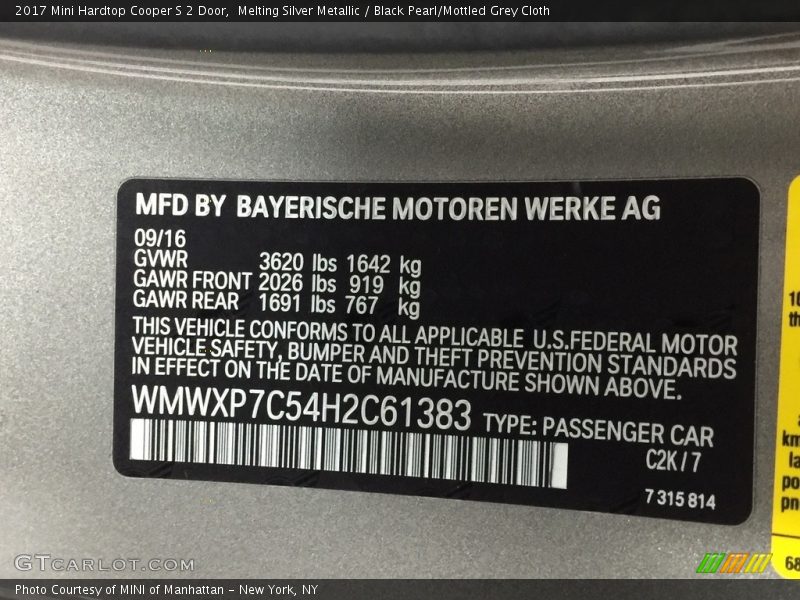 2017 Hardtop Cooper S 2 Door Melting Silver Metallic Color Code C2K