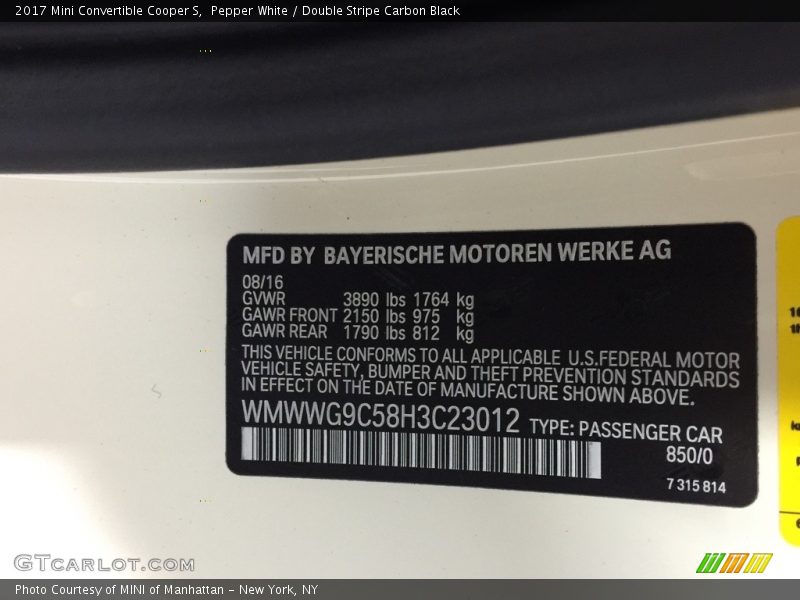 2017 Convertible Cooper S Pepper White Color Code 850