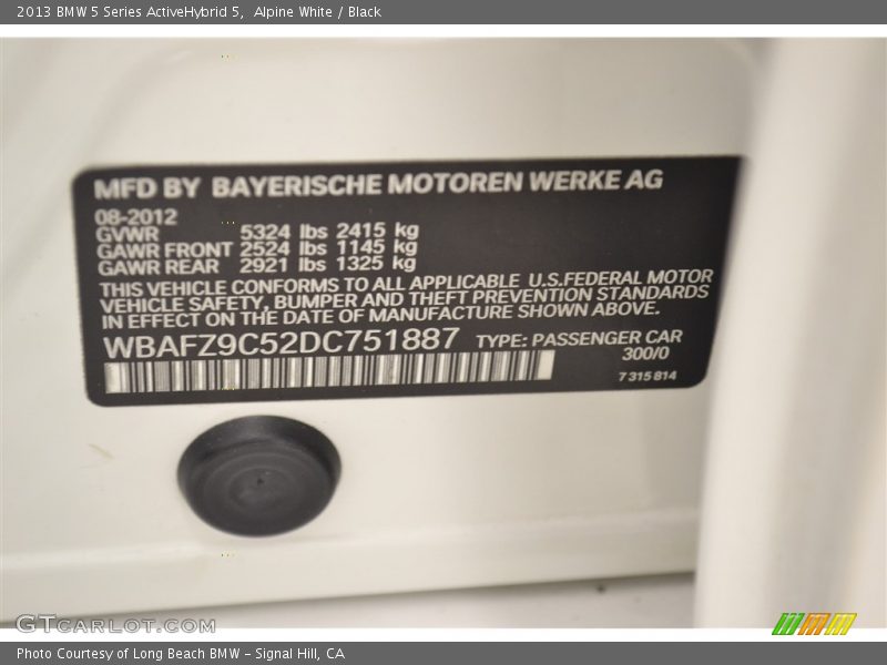 Alpine White / Black 2013 BMW 5 Series ActiveHybrid 5
