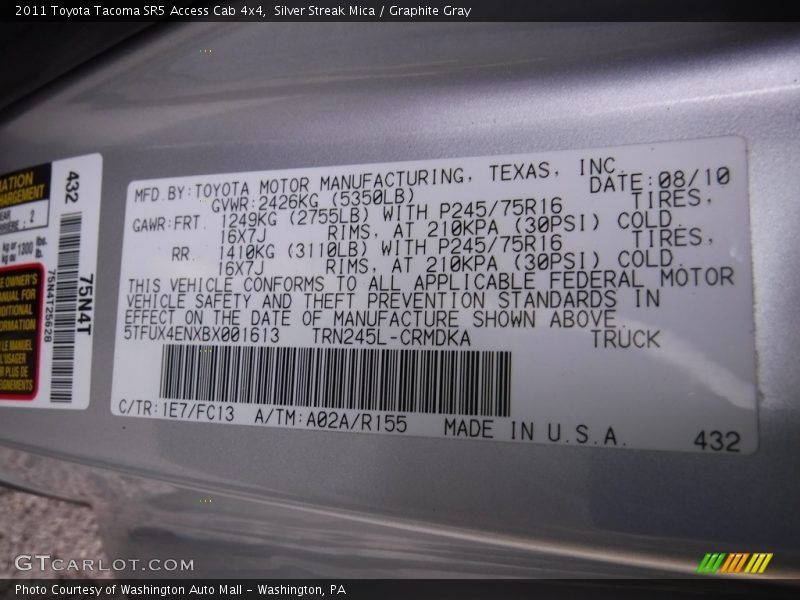 Silver Streak Mica / Graphite Gray 2011 Toyota Tacoma SR5 Access Cab 4x4