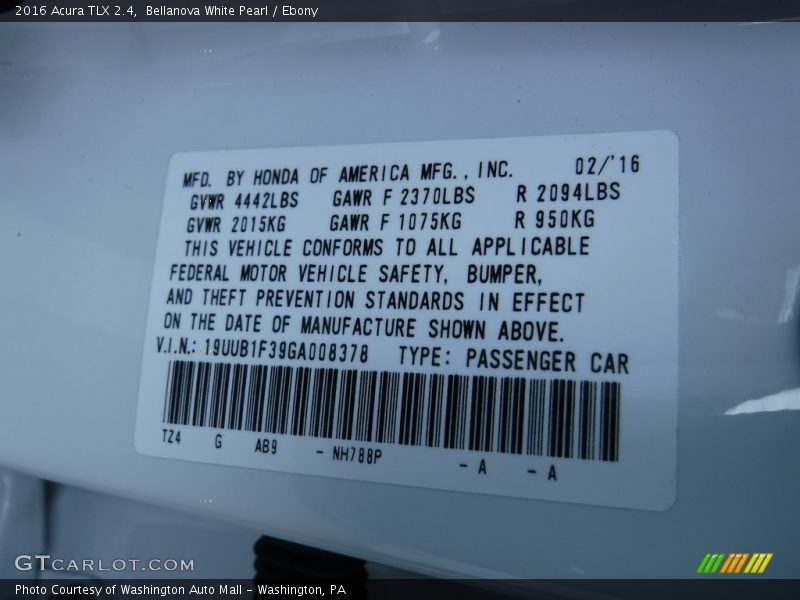 Bellanova White Pearl / Ebony 2016 Acura TLX 2.4