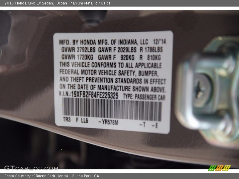 Urban Titanium Metallic / Beige 2015 Honda Civic EX Sedan