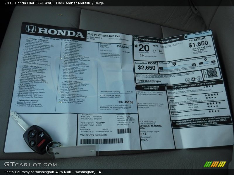 Dark Amber Metallic / Beige 2013 Honda Pilot EX-L 4WD