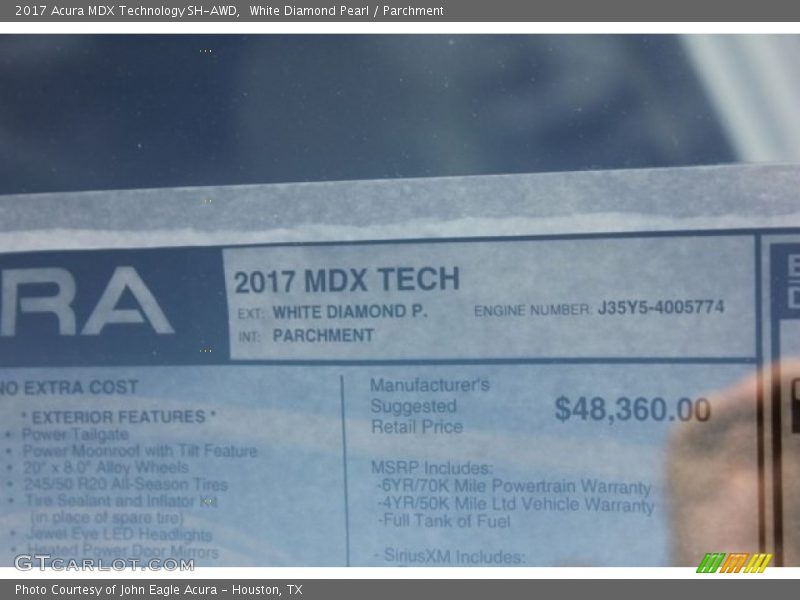  2017 MDX Technology SH-AWD Window Sticker