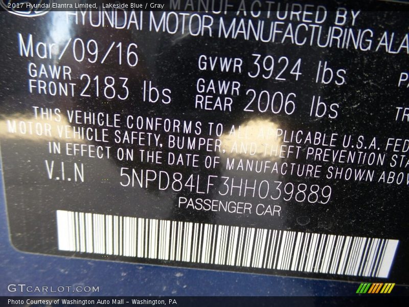 Lakeside Blue / Gray 2017 Hyundai Elantra Limited