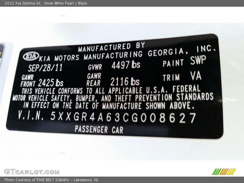 Snow White Pearl / Black 2012 Kia Optima SX