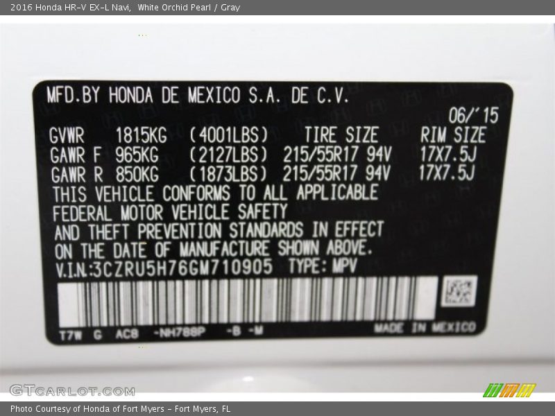 White Orchid Pearl / Gray 2016 Honda HR-V EX-L Navi