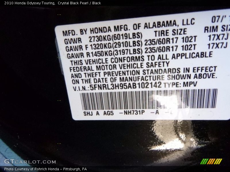 Crystal Black Pearl / Black 2010 Honda Odyssey Touring