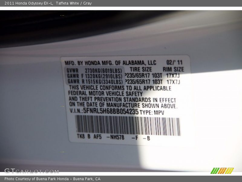 Taffeta White / Gray 2011 Honda Odyssey EX-L