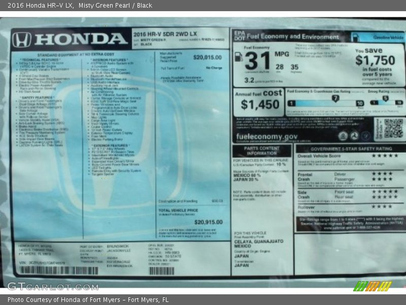 Misty Green Pearl / Black 2016 Honda HR-V LX