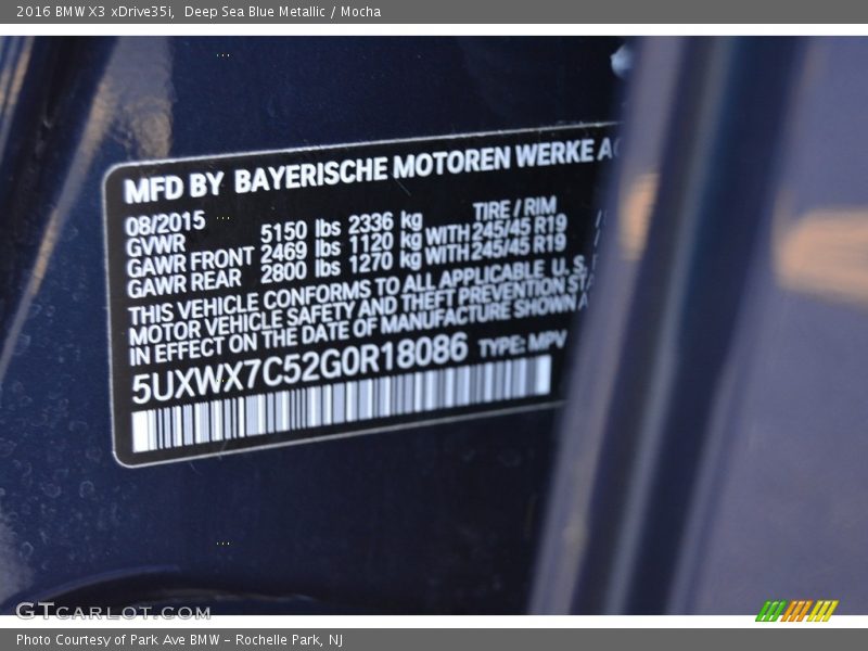 Deep Sea Blue Metallic / Mocha 2016 BMW X3 xDrive35i