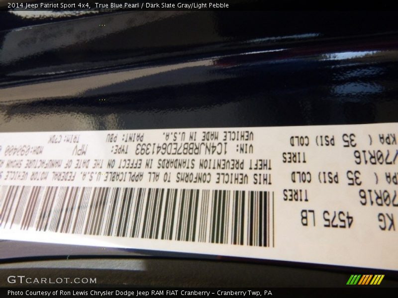 True Blue Pearl / Dark Slate Gray/Light Pebble 2014 Jeep Patriot Sport 4x4