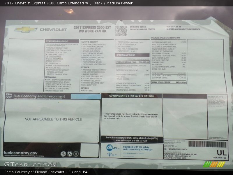  2017 Express 2500 Cargo Extended WT Window Sticker