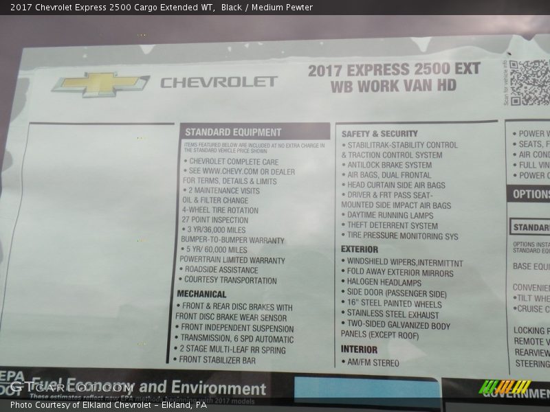  2017 Express 2500 Cargo Extended WT Window Sticker