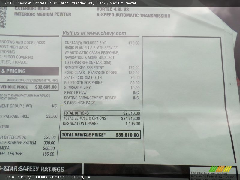  2017 Express 2500 Cargo Extended WT Window Sticker