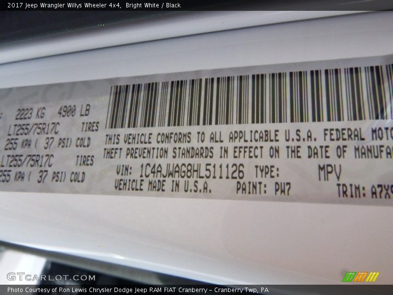 2017 Wrangler Willys Wheeler 4x4 Bright White Color Code PW7